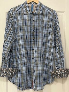 Robert Graham XL Classic Fit Blue Green Plaid Paisley Flip Cuff Shirt